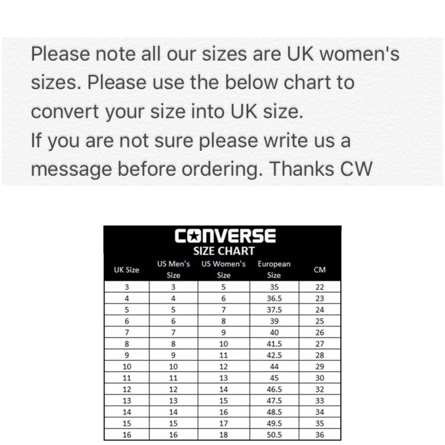 Shoe Size Chart Converse Size Converse Chuck Size Chart Converse