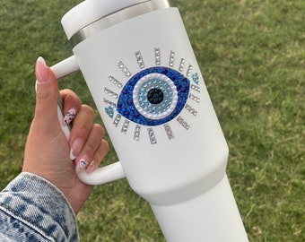 Bling 40oz Large Almond Evil eye personalised stainless steel water tumbler/Largeinsulated travel Bottle with lid&straw/Stanley dupe/holiday