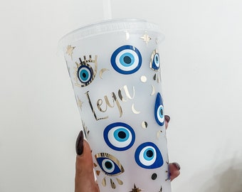 Personalised Gold Turkish Evil eye cold cup / TikTok viral /Nazar / girls birthday gift / Göz cup / custom good luck tumbler / Silver