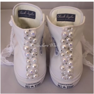 Leather Tall Pretty Pearl Trim Converse / Bridal Pearl converse / Wedding converse/ Bride converse /Customised converse /Unique sneakers image 1