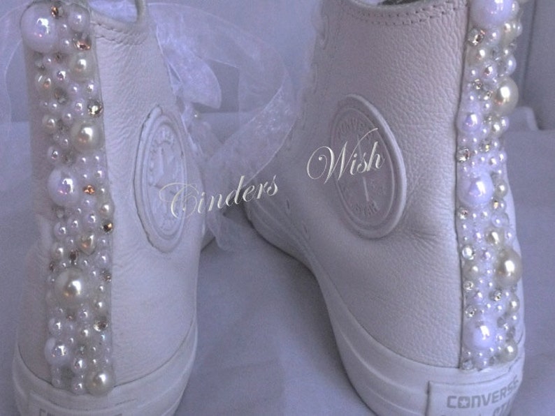 Leather Tall Pretty Pearl Trim Converse / Bridal Pearl converse / Wedding converse/ Bride converse /Customised converse /Unique sneakers image 3