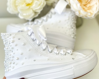 Bridal High top Pearl wedge Converse / Wedding Converse / faux leather wedding converse / Converse Chuck Taylor All Star Move / wedding day
