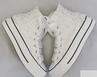 Toddler infant High top Pearl Platform Converse / Wedding Converse / Young kids birthday shoes  / flower girl  / Pearl fade converse /