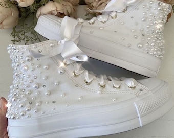 Converse alte da sposa con piattaforma di perle / Converse da matrimonio / converse da matrimonio in finta pelle / converse con perle sfumate / scarpe da ginnastica da sposa /