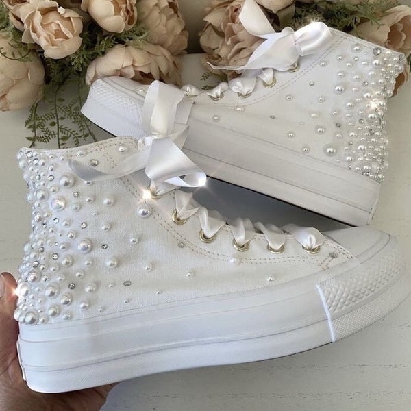 Bridal High top Pearl Platform Converse / Wedding Converse / faux leather wedding converse / Pearl fade converse / wedding sneakers /