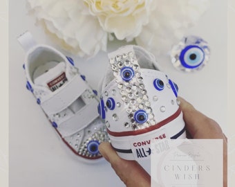 Kryształowe buty dziecięce Converse firmy Swarovski: białe buty Nazar Good Luck, tureckie buty dla dzieci z motywem złego oka, błyszczące buty dla niemowląt, strój urodzinowy dla dziecka