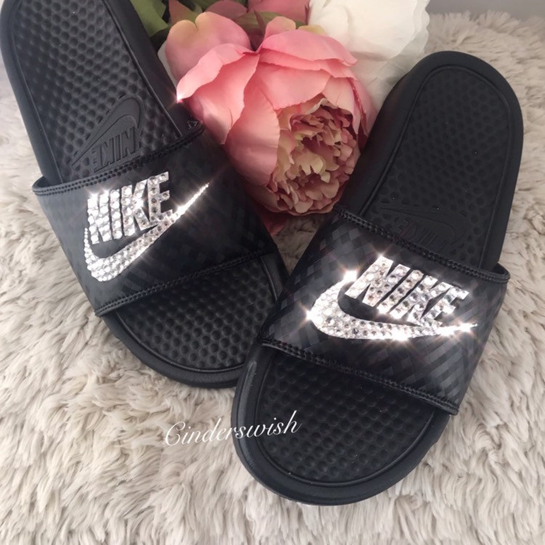 Swarovski Bling Black Nike Benassi Slides Bling Pool Sliders