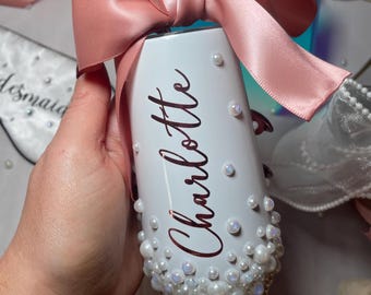 Personalized Pearl Bridal Tumbler: Insulated Champagne Cup with Ribbon
