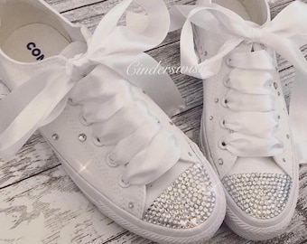 All white Swarovski sparkle low converse /  Bling converse / customised diamante converse / wedding converse / Bride Converse / Wedding day