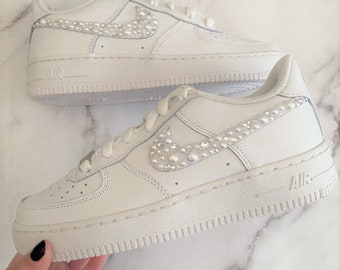 Pearl & Swarovski Adult size Custom Nike Air Force ones in pure White / Bling Nikes / White Nikes / Sparkly Nikes / Pearl Sneakers