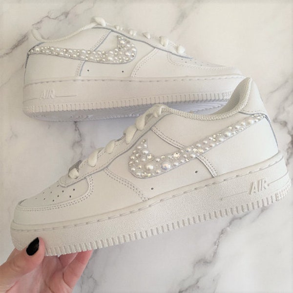 Pearl & Swarovski Adult size Custom Nike Air Force ones in pure White / Bling Nikes / White Nikes / Sparkly Nikes / Pearl Sneakers