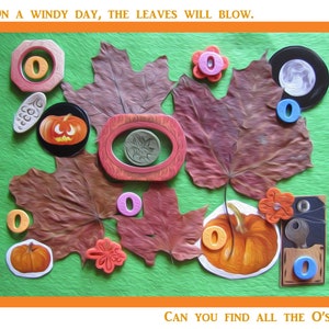 May include: A green background with brown maple leaves, a pumpkin, and various shapes with the letter "O" on them. The text "ON A WINDY DAY, THE LEAVES WILL BLOW." is at the top of the image. The text "CAN YOU FIND ALL THE O's?" is at the bottom of the image.