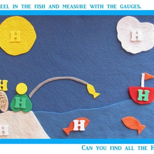 May include: A blue background with a yellow sun, a white cloud, a green man with a fishing rod, a red boat, and five orange fish. The image has the text "REEL IN THE FISH AND MEASURE WITH THE GAUGES." and "CAN YOU FIND ALL THE H'S?"  The image has the letter "H" repeated throughout the image.