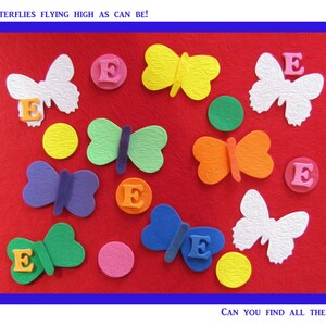 May include: A red background with colorful butterflies and the letter 'E' in various colors. The text 'BUTTERFLIES FLYING HIGH AS CAN BE!' is at the top of the image. The text 'CAN YOU FIND ALL THE E'S?' is at the bottom of the image.