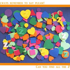 May include: A blue background with a variety of colorful shapes and letters. The letters are all the letter 'Z' in orange. The shapes are hearts, squares, triangles, and circles. The text 'ALWAYS REMEMBER TO SAY PLEASE!' is at the top of the image. The text 'CAN YOU FIND ALL THE Z'S?' is at the bottom of the image.
