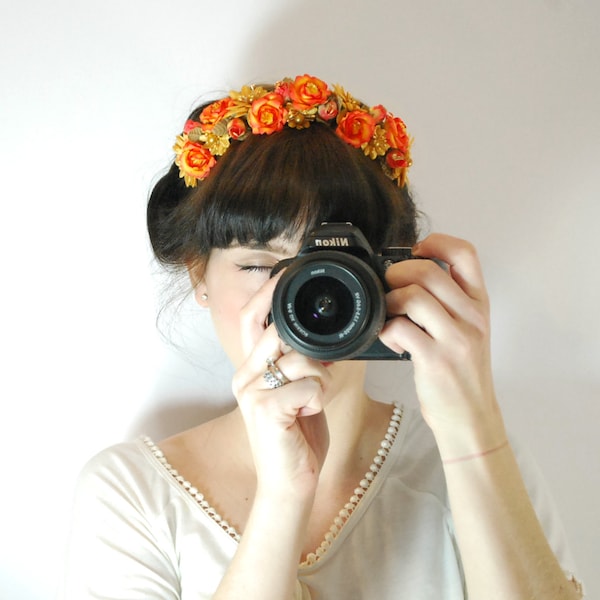 Statement hairpiece - Orange and gold floral headband - Frida Kahlo inspired headpiece - Floral headband - Orange headband - bright headband