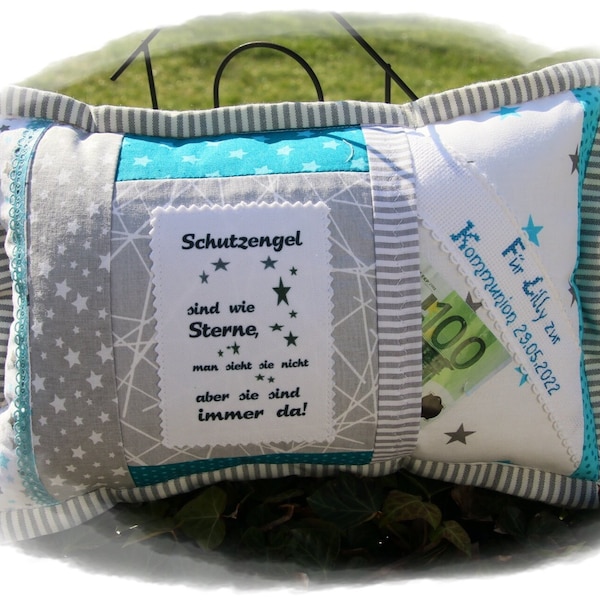 Geldgeschenk, Taufe, Jugendweihe, Konfirmation, Kommunion, Firmung, Kissen Name, Geschenk Junge Mädchen, Schutzengelkissen, türkis grau weiß