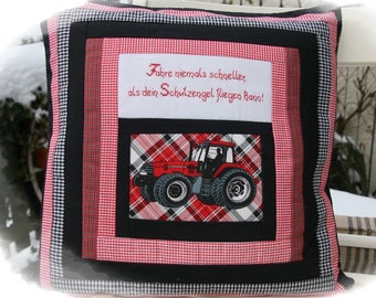 Tractor cushion red tractor with guardian angel saying, hand embroidered, patchwork, gift for dad, grandpa, brother, cushion cover approx. 40 x 40 cm