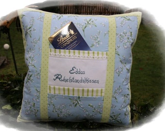 Retirement gift personalized pension, pillowcase embroidered with text & name, light blue - lily of the valley fabric pattern - patchwork