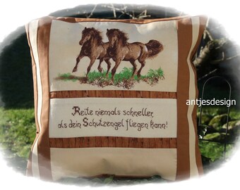 Decorative cushion horses embroidered with guardian angel saying, brown beige, gift horse fan, cushion cover 40 x 40 cm, never ride faster than...