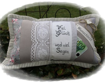 Happiness and blessing pillow customizable, gift birth birthday wedding baptism confirmation communion house blessing move-in, pillow embroidered