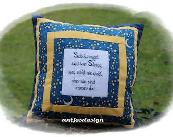 Guardian angel pillow, blue yellow stars, guardian angels we are stars, patchwork, gift baptism, birth, birthday, embroidered saying text