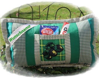 Personalized tractor cushion, gift for boy, tractor cushion with name, tractor John, cuddly cushion green tractor, approx. 38 x 23 cm