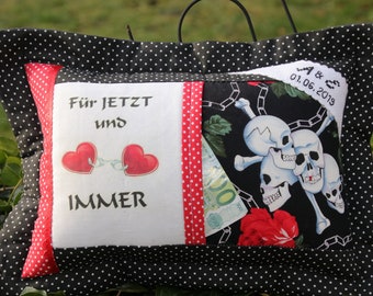 Gothic Wedding Gift, Pillow with Name, Skulls, Skull, Skull, Money Gift Personalized, Black Dots, Now and Always,