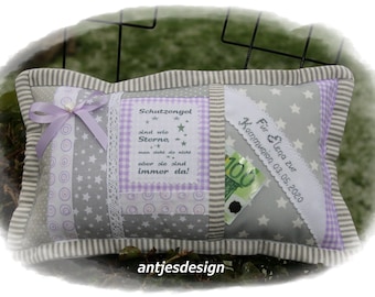 Gift of money, confirmation, communion, confirmation, youth consecration, baptism, pillow with name, gift for girls, guardian angel pillow, grey, lilac white