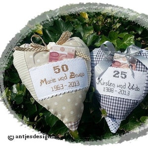 Geschenk Goldene HOCHZEIT, Silberhochzeit, Diamantenhochzeit, Hochzeitstag, Geldgeschenk  Herz mit  Namen,  beige grau oder Wunschfarbe