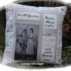 Geschenk  60. / 70. / 80. / 90. Geburtstag, Foto Erinnerungs-Kissen  personalisiert  Wunschtext per Hand bestickt, Handarbeit Patchwork