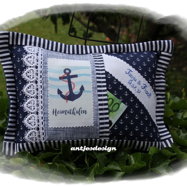 Hochzeit, Namenkissen Hochzeit,  Geldgeschenk,  Heimathafen, Hochzeitsgeschenk personalisiert, maritimes Kissen blau weiß, maritime Hochzeit