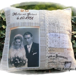 Photo - Silver Wedding Pillow - Golden Wedding - Diamond Wedding - Embroidered with Name - Shabby - Vintage - Beige - Lace -