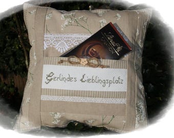 Funda de almohada de regalo personalizada "Lugar Favorito", bordada a mano, delicado patrón beige de estilo campestre, patchwork