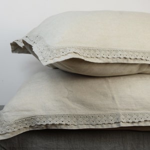 Pair of 100% linen pillow shams with lace. NATURAL bedding collection. Not dyed linen flax. Standard, queen, king, custom sizes. Washed.