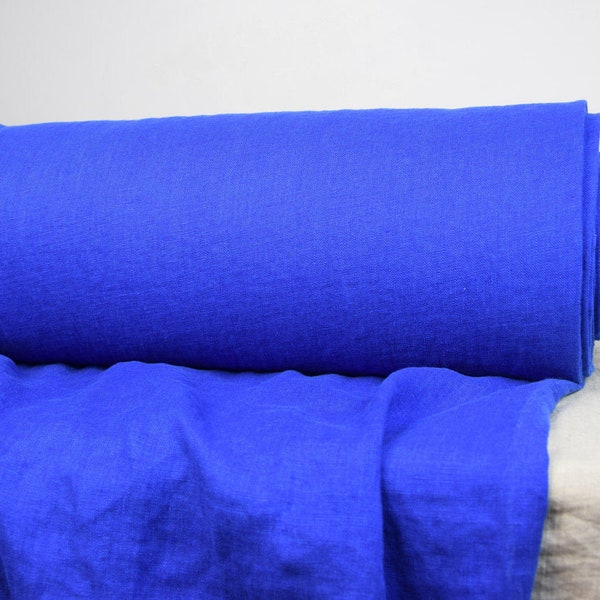 IN STOCK. Pure 100% linen fabric Gloria Royal Blue 200gsm (5.90oz/yd2). Deep bright rich shade of blue. Washed, softened. Widht 145cm (57").