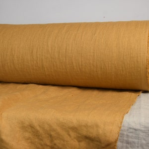 IN STOCK. Pure 100% linen fabric Gloria Spicy Mustard 200gsm (6oz/yd2). Mustard color, brown undertone. Washed-softened.