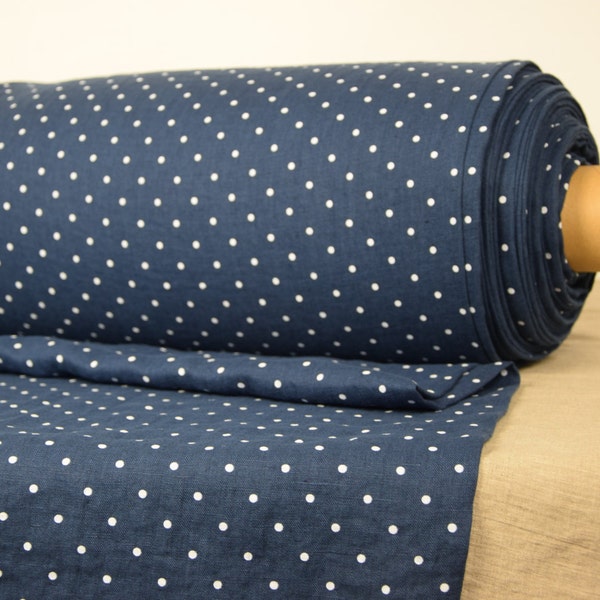 Pure 100% linen fabric 190gsm. Polka dot, white on ink blue background. Middle weight, washed-softened. For clothes, other wide usage.
