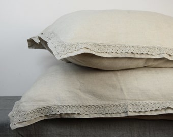 Pair of 100% linen pillow shams with lace. NATURAL bedding collection. Not dyed linen flax. Standard, queen, king, custom sizes. Washed.