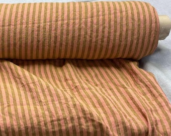 100% Pure Linen Fabric - Aurora Collection - Olive & Peach Stripe, By the Yard or Meter for Sewing, 160gsm/5oz Pre-Shrunk, Natural, Crinkled