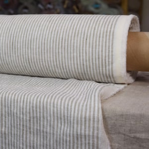 Linen Fabric - &quot;Aura Beige Striped&quot;, 100% Pure, Lightweight 125gsm, Preshrunk, Delicate 3mm Stripes. European. Perfect for Summer! IN STOCK.