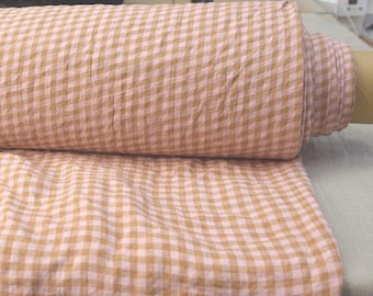 100% Pure Linen Fabric - Aurora Collection - Pink & Brown Gingham, By the Yard or Meter, 160gsm/5oz, Pre-Shrunk, Naturally Crinkled, Soft