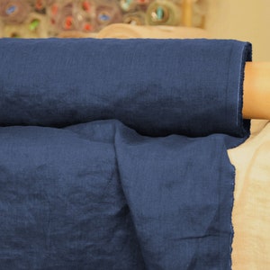Pure 100% Linen Fabric "Gloria Ink Blue" 200gsm (6oz/yd2). Rich saturated dark navy, dark blue. Washed-softened. Widht 145cm/57". IN STOCK.