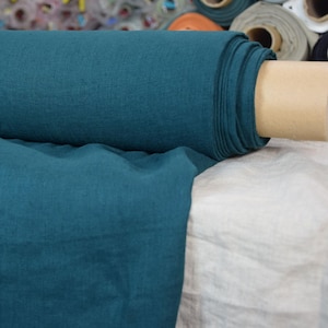 Pure linen fabric Gloria Slate Teal.  Blue and green, saturated dark teal is dressy and dramatic. A dose of black gives it a deep richness. Middle weight, dense, not sheer, plain. Washed-softened, will not  shrink any more.