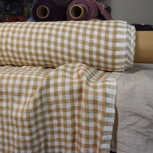 Tkanina lniana w kratkę gingham - Aura Sand Brown, 100% czysta, 125 g/m2, kratka 8 mm, prana, wstępnie skurczona, piękna i trwała! (Tymczasowo niedostępna).