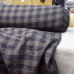 Linen Fabric &quot;Stella Taupe Gingham&quot;, 2cm Check, 190gsm (5.7oz), 100% Pure Linen, Brown Gray Grey Off-Black, Soft, Preshrunk, IN STOCK!