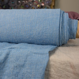 Tkanina lniana w niebieską kratkę - "Aurora Gingham", 160 g/m2, 100% len, miękki niebieski/len, lekka, oddychająca, BRAK W MAGAZYNIE - Możliwość składania zamówień niestandardowych!