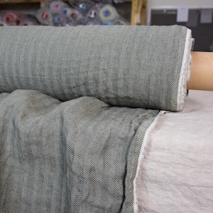 Linen Fabric  &quot;Sigma Mossy Stone&quot;, 220gsm, 100% Pure, Soft, Washed, Dusky Green, Herringbone, Twill Weave, Ready to Ship! IN STOCK!