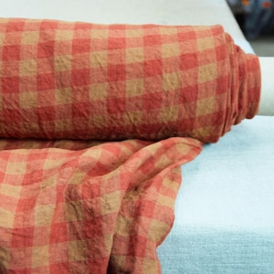 Linen Fabric &quot;Stella Brown & Red Gingham&quot; 100% Pure, 190gsm (5.7oz) 2cm Check, Prewashed Preshrunk Softly Creased Premium Quality, IN STOCK!