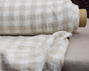 Reines 100% Leinen Stella Natural Gingham 180g/m². Vichy Karo 2 cm ungefärbt flachs/weiß. Vorgeschrumpft. Von Natur aus geknittert. Auf Lager.